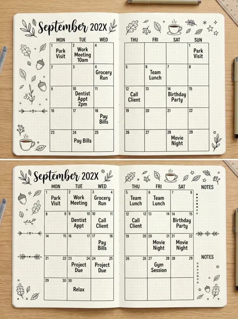 12 September Bullet Journal Calendar Designs
